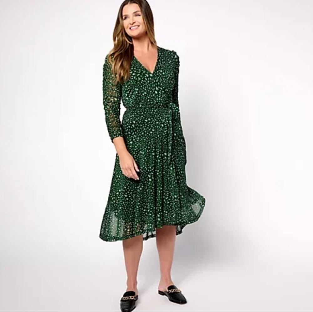 Susan Graver Occasions Pet Printed Mesh 3/4 Sleeve Midi Wrap Dress